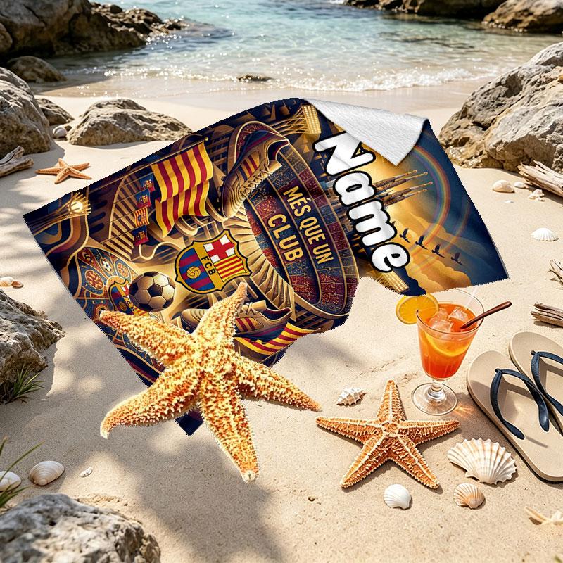 Custom Name Personalized Barcelona FC Soccer Print Beach Towel, for Trip Camping Beach Party Home Decor, Birthday Gift for Family & Friends