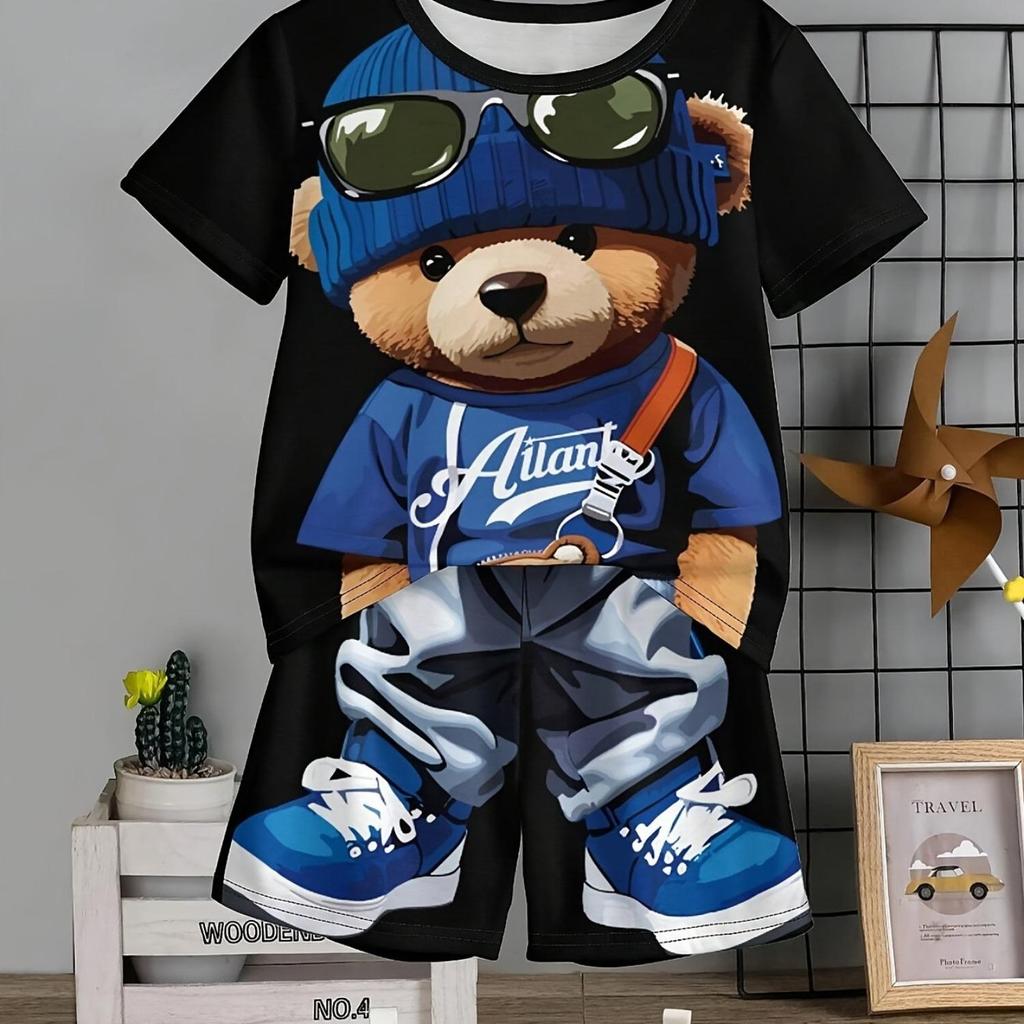 Children's Clothing 2-piece Set, Boys' Fun Cartoon Bear Print Short Sleeved T-shirt Shorts Set, Summer Sports