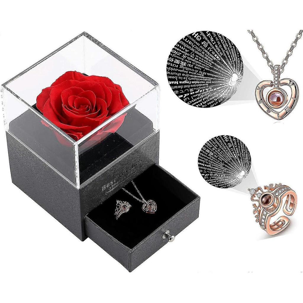 Preserved Real Rose Gift Box Enchanted Real Rose With I Love You Necklace 100 Languages Gift , Eternal Rose Flower Handmade Preserved Real Rose Gift C