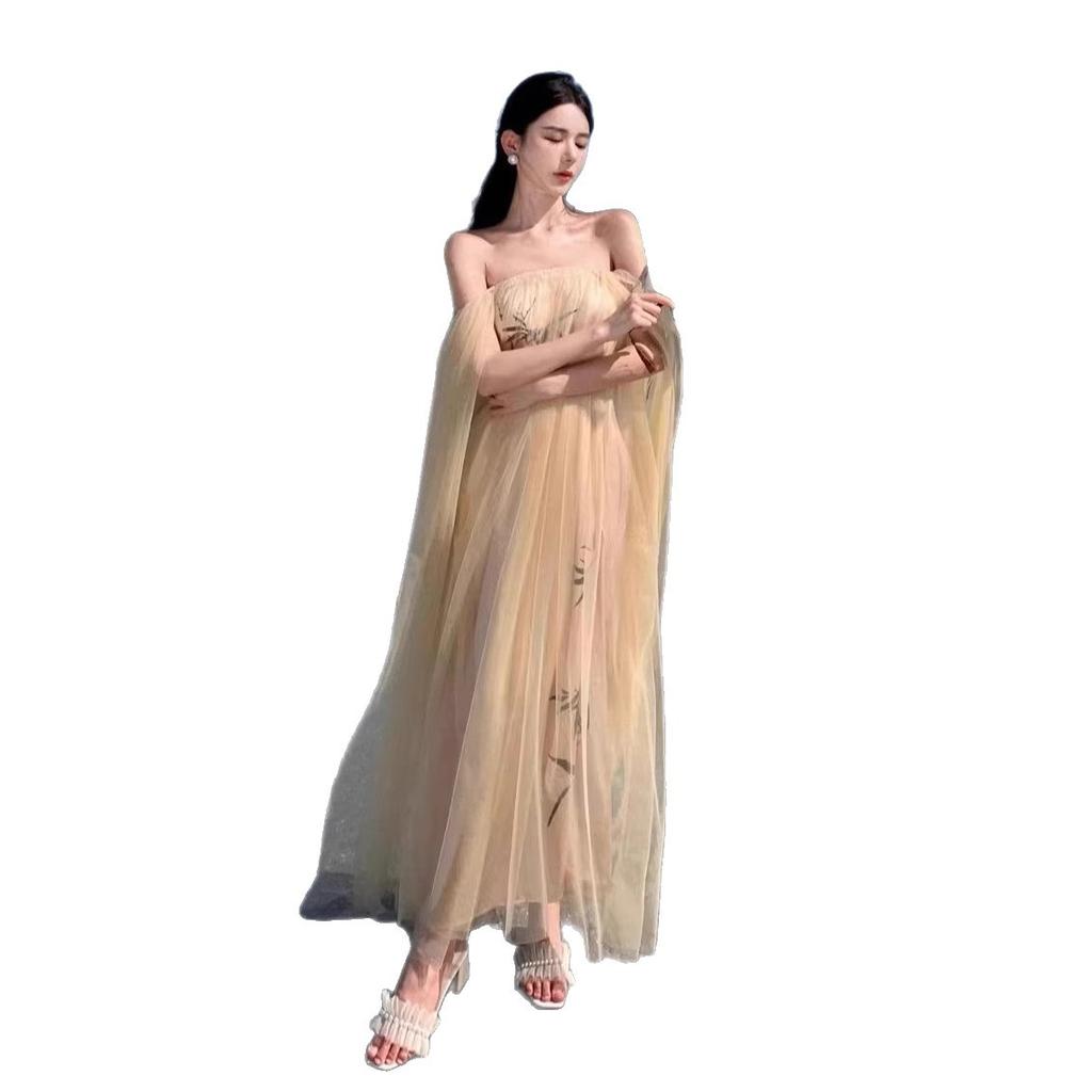 New Chinese morning robe one-word shoulder simple dress women's ink painting national style retro tube top long dress