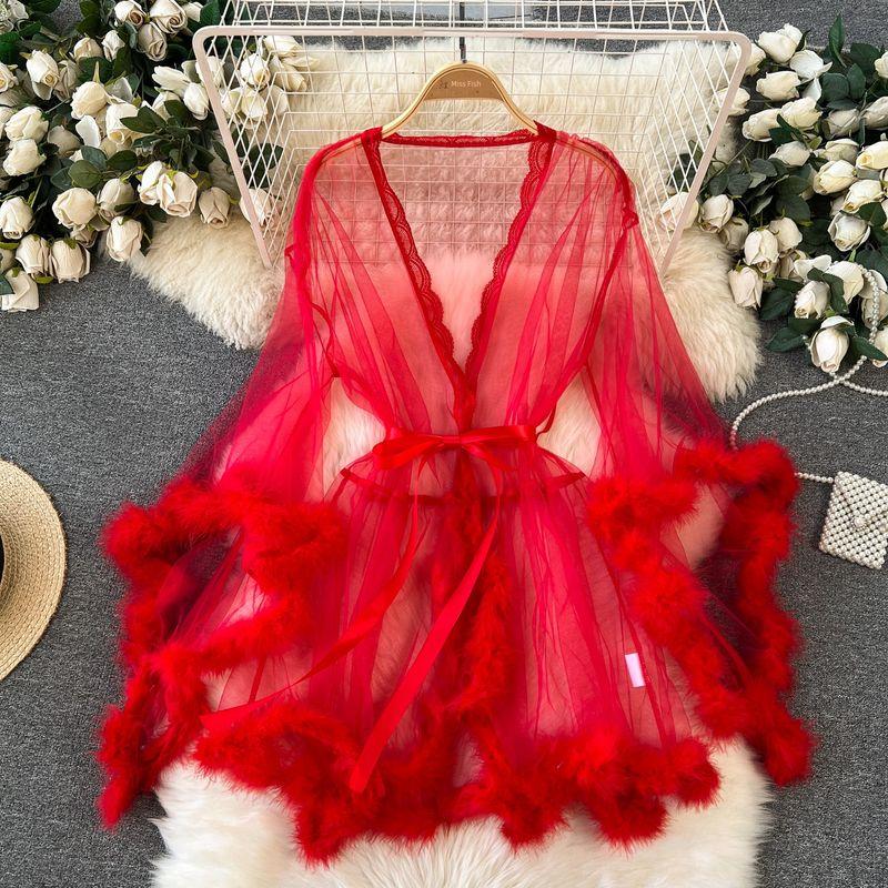 

Thin See-through Pajamas Nightgown for Women Shoelace Waist-Tight Shawl Sexy Temperament Furry Patchwork Net Yarn Mid-Length Outwear Bright red [robe + lace-up]] S