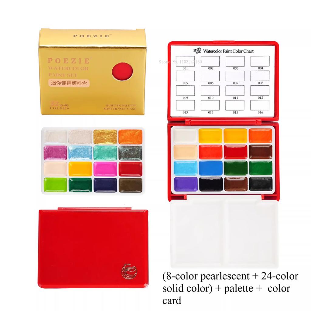 32 Colors Solid Pearlescent Mini Water Color Paint Set Portable Folding Box Outdoor Sketch Travel Graffiti Hand-painted Creation