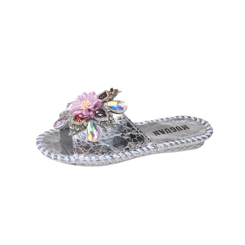 Aphixta Diamant Blumen Dekoration Flach Mit Hausschuhen Lässig Damen Süße Mules Draußen Sommer Sandalen Schuh Nähen Slide