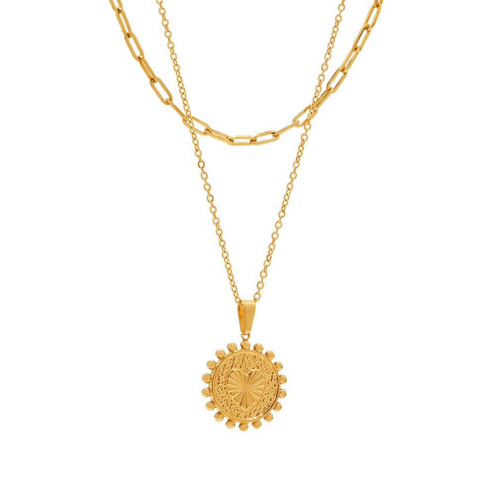 Qiong Yao Gold Embossed Peach Heart Sunflower Lace Necklace - Elegant Double Layer with Color Retention and Light Luxury Style.