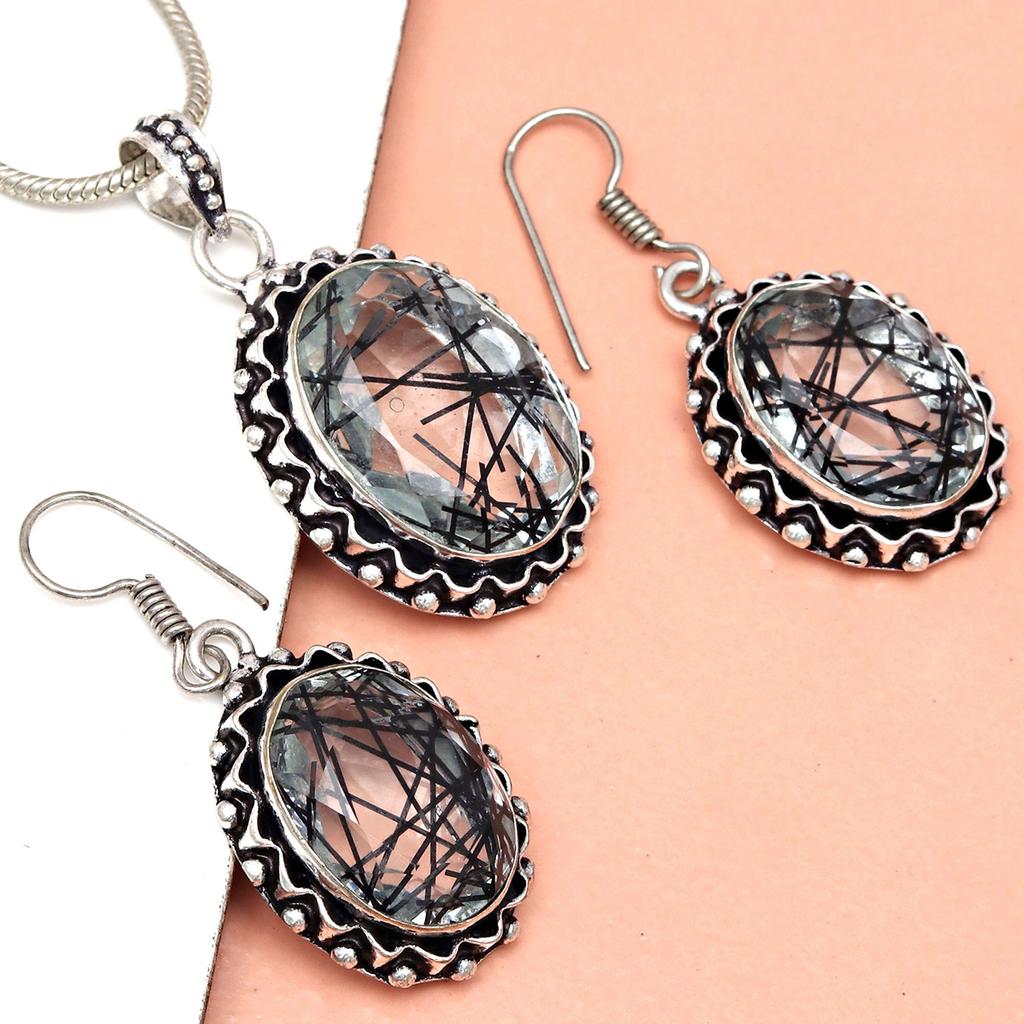 Black Rutile Set Pendant Jewelry Earring 18-20'' Gemstone Handmade