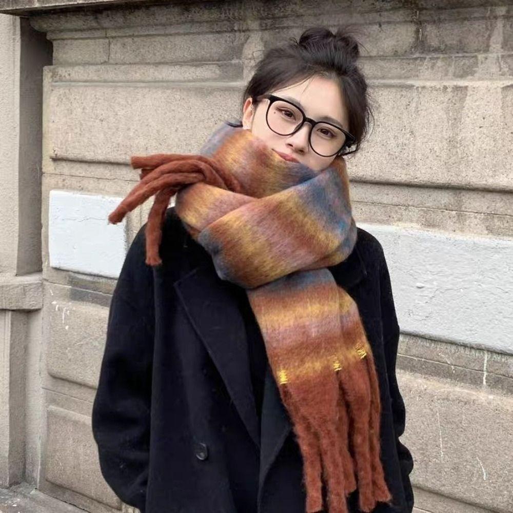 Warm Winter Cashmere Scarf Stripe Pattern Thickened Shawl Wrap New Long Tassel Scarves  Women