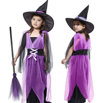 OJUMAH Halloweenová čarodějnice a koště Sada pro Cosplay Kostým Šaty, Klobouk, 3dílná Dětská, (150)