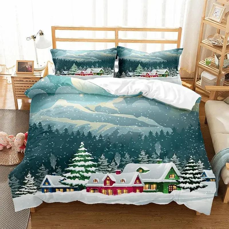 Comforter Christmas Snowflake Full Size Bedding Set Print Colorful Merry Christmas Gift Tree Microfiber Fabric 2/3Pcs Kids
