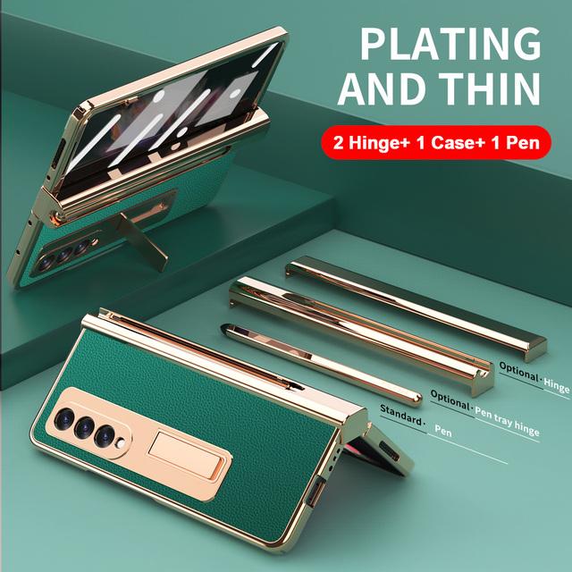 2 Stück Scharnier mit Stift für Samsung Galaxy Z Fold 3 2 5g Hülle mit Touch Pen Slot Frontglas Ständer Halter Lederhülle