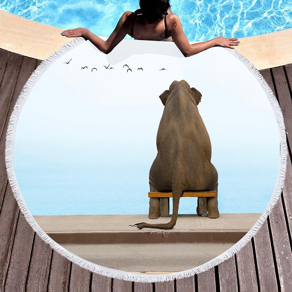 Wild Elephant Round Beach Towel,Microfiber Sand Resistant Beach Blanket,Soft Absorbent Quick Dry Portable Pool Towel Picnic Mat