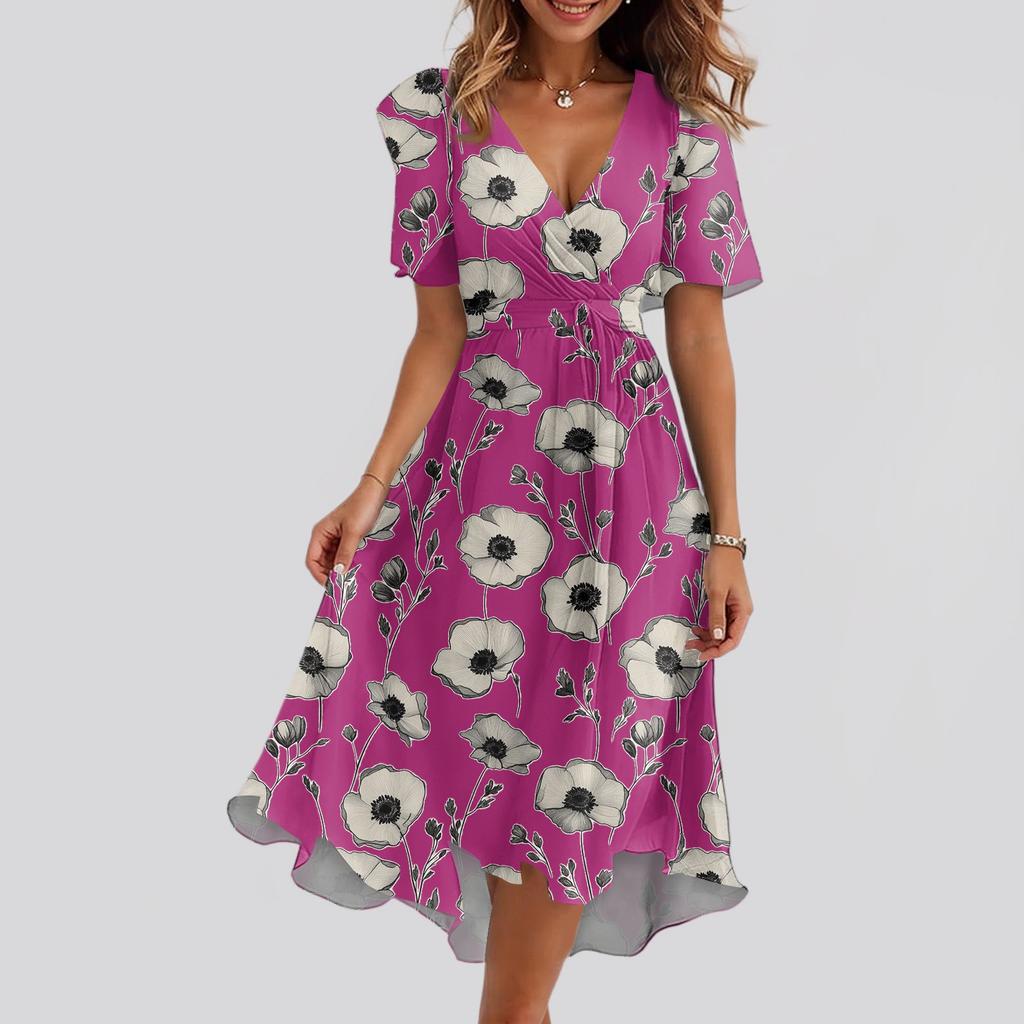 Robe Imprimée Décontractée Ample à Col en V et Manches Courtes avec Jupe Évasée pour Femme