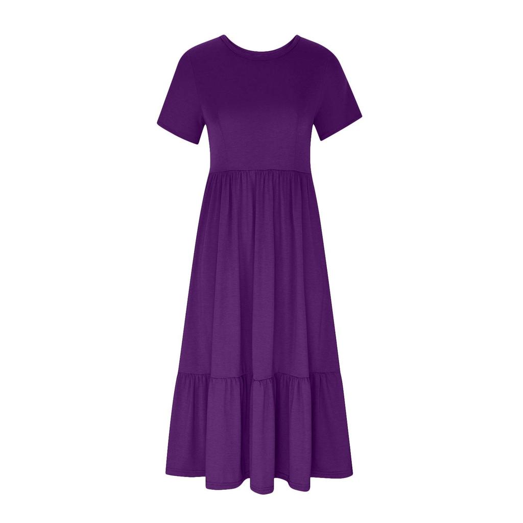 Women’s Short Sleeve Crew Neck Tiered Maxi Dress with Pockets Casual Loose Fit Soft Fabric Flowy Summer Dress