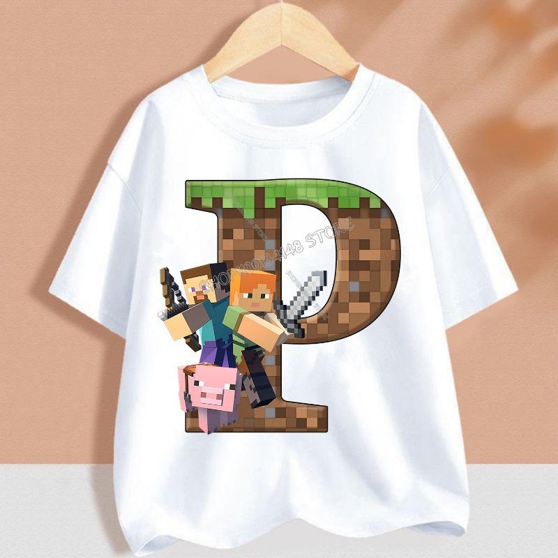 Hot Pixel Game T-shirt Children A-Z Letter White Clothes Cartoon Round Collar Clothing New Kids Short Sleeve Summer Tee Top Gift