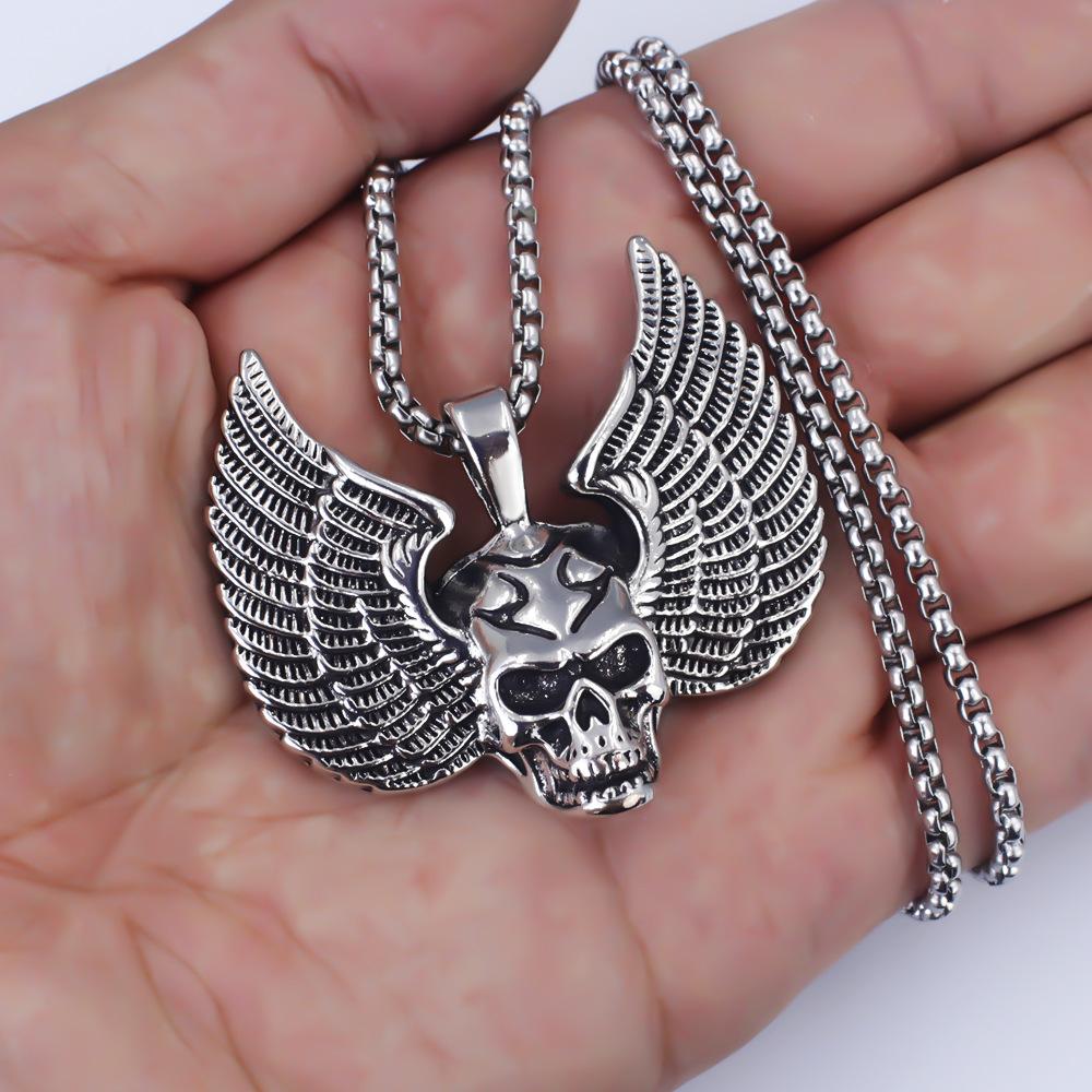 

Hip Hop Vintage Wings Skull Pendant Necklace For Women Men Retro Copper Color Stainless Steel Box Chain Neck Rock Jewelry Gifts