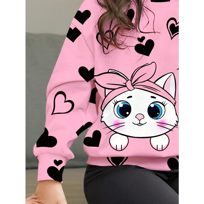 Girls' Summer New Arrival Fashion Heart Print Round Neck Long Sleeve T-Shirt + Casual Patchwork Pants Set with Cute Cat Pattern Two-Piece Outfit