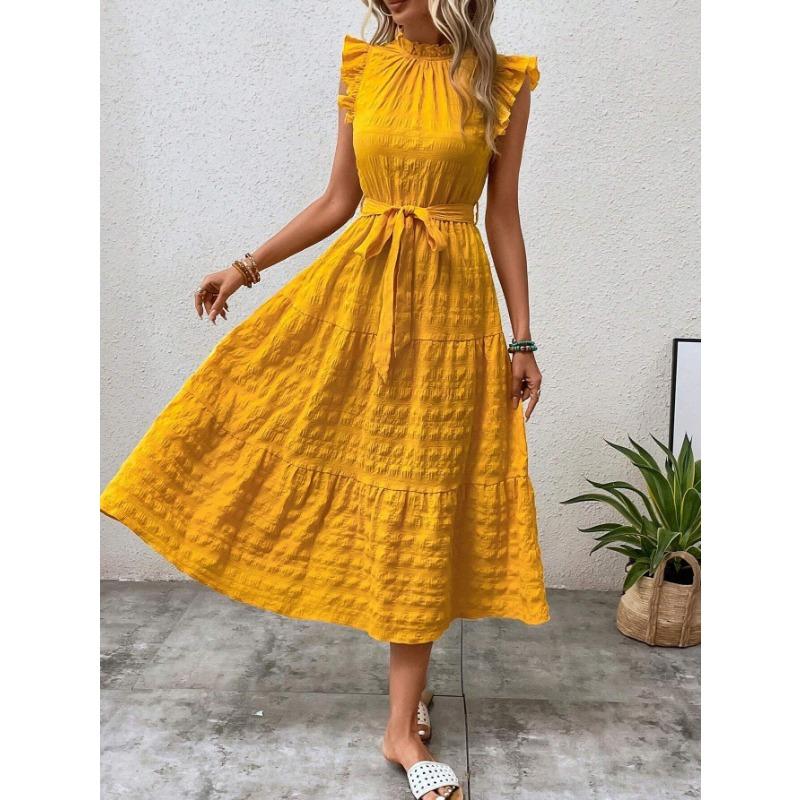 VEZFAA Women's Fashion Summer Spring Solid Color Print Short Sleeve Half Turtleneck High Waist Casual Dresses