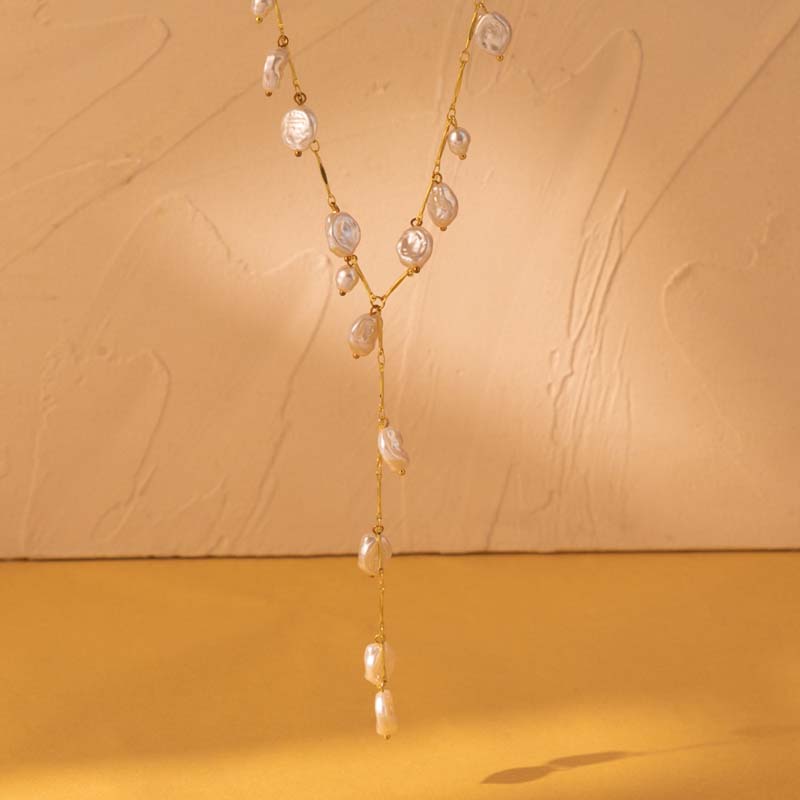 Vintage White Imitation Pearl Tassel Necklace For Women Punk Metal Irregular Long Chain Necklace Wedding Jewelry Gifts