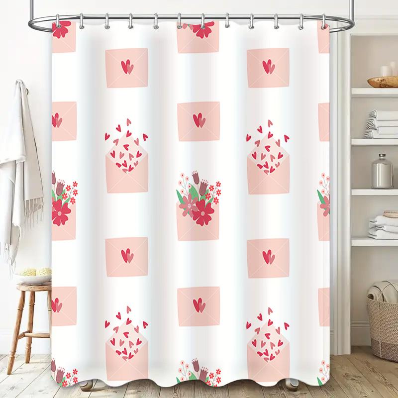 Romantic Pink Envelope Shower Curtain With Red Hearts Floral Design For Bathroom Decor 180X240Cm