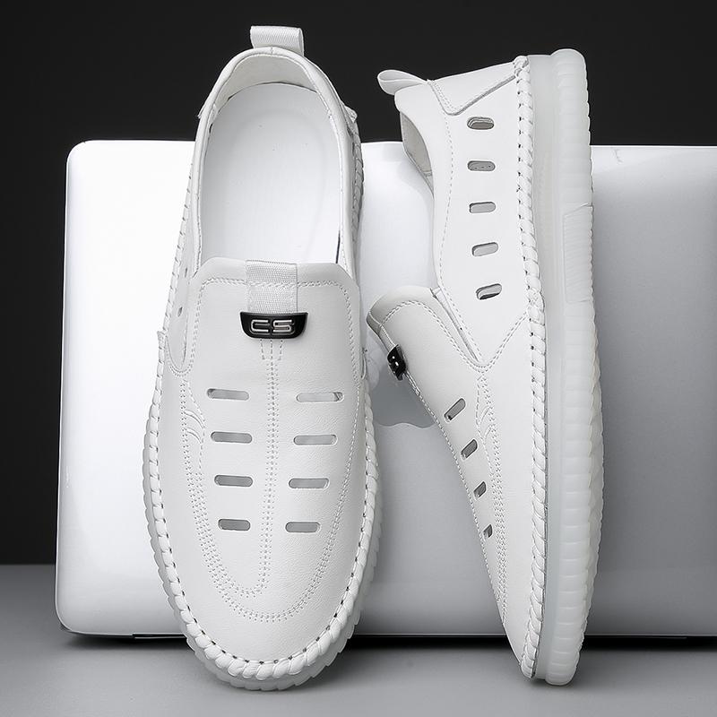 Summer Breathable Leather Walking Shoes for Men Hollow Out Slip-on Loafers Men's Comfortable Leather Casual Shoes