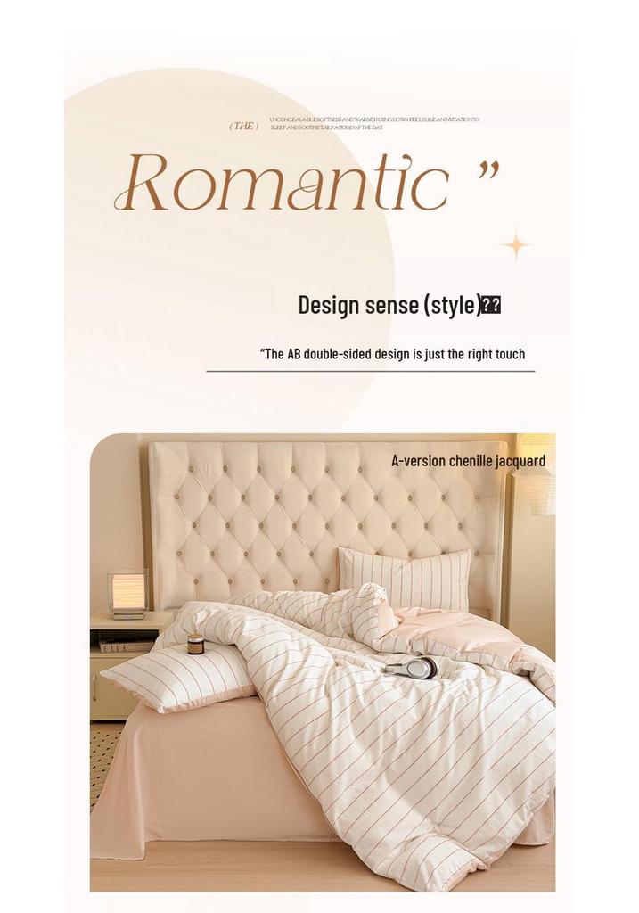 All-Cotton Chenille Jacquard 4-Piece Set: Striped Duvet Cover, Bed Sheet, Fitted Sheet - Simple Washed Cotton Design