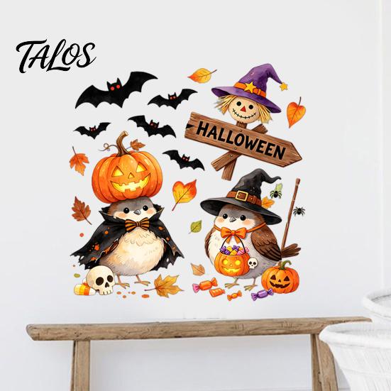 Seasonal Wall Decor for Living Room Cartoon Halloween Sticker, Self Adhesive PVC Removable Decal, Wizard Holiday Art Birds Scarecrows Jack-o-lanterns
