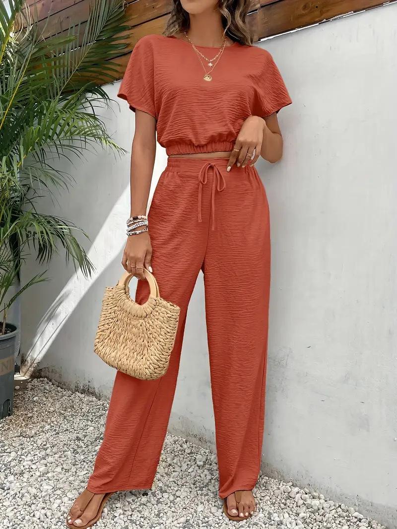 2025 European and American cross-border explosion independent station summer elegant solid texture wrinkled collar short-sleeved top trousers set S