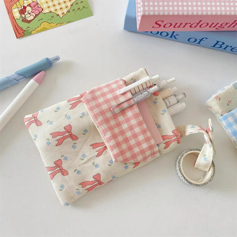 Fabric Bow Pencil Case Floral Cute Pen Holder Pouch Soft Portable Pencil Bag For Office Women & School Student & Nurse