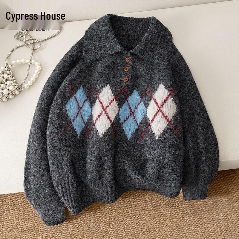 

Women s Diamond Pattern Knit Lapel Sweater One Size