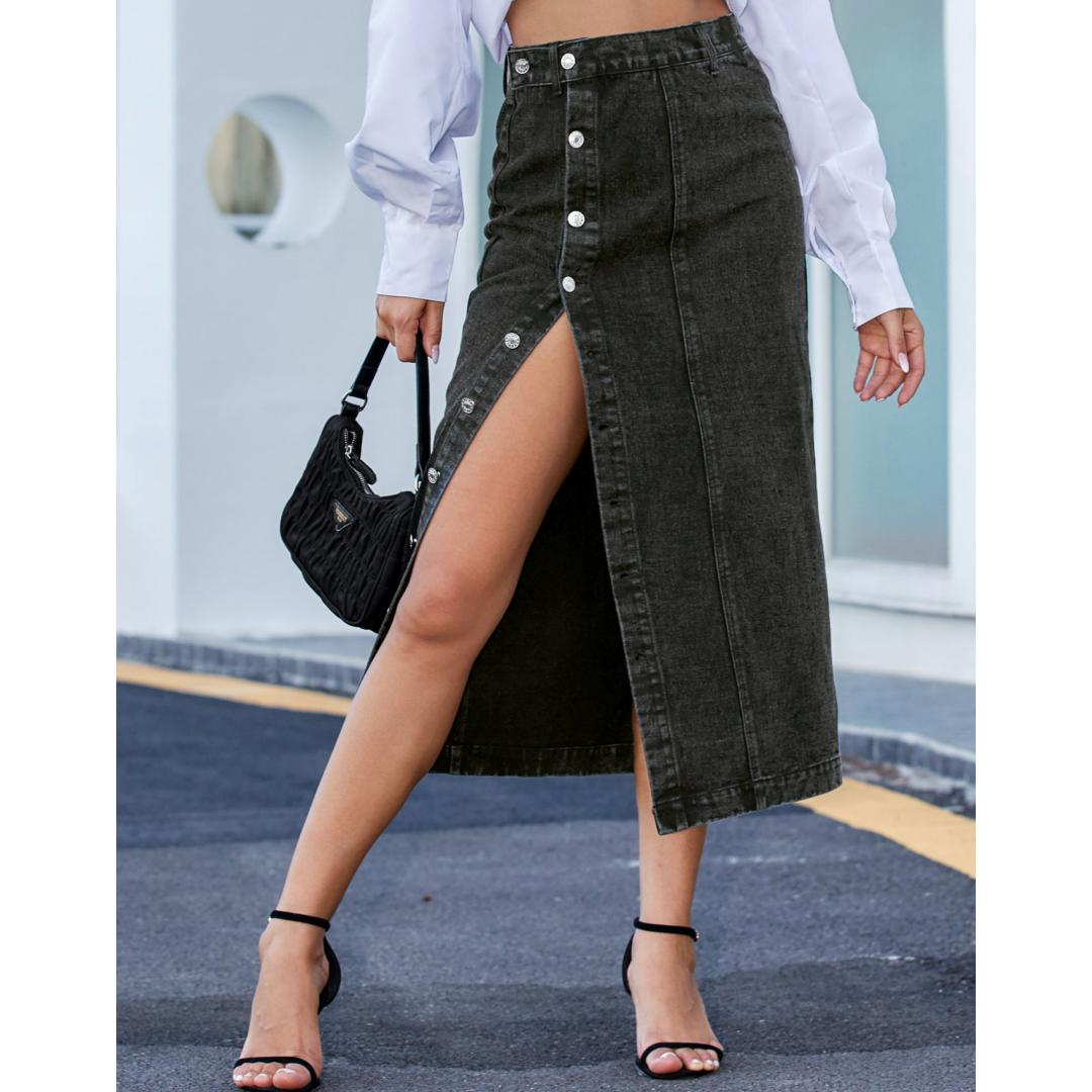 

Женская модная джинсовая юбка с высокой талией и разрезом, длинная джинсовая юбка M чёрный