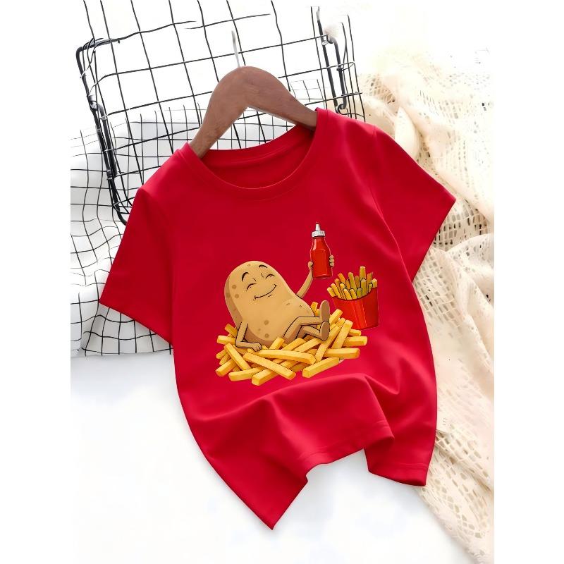 European sizes Children's Cartoon French Fries Potato Print T-Shirt for Boys and Girls, Summer Casual Round Neck Short Sleeve Top