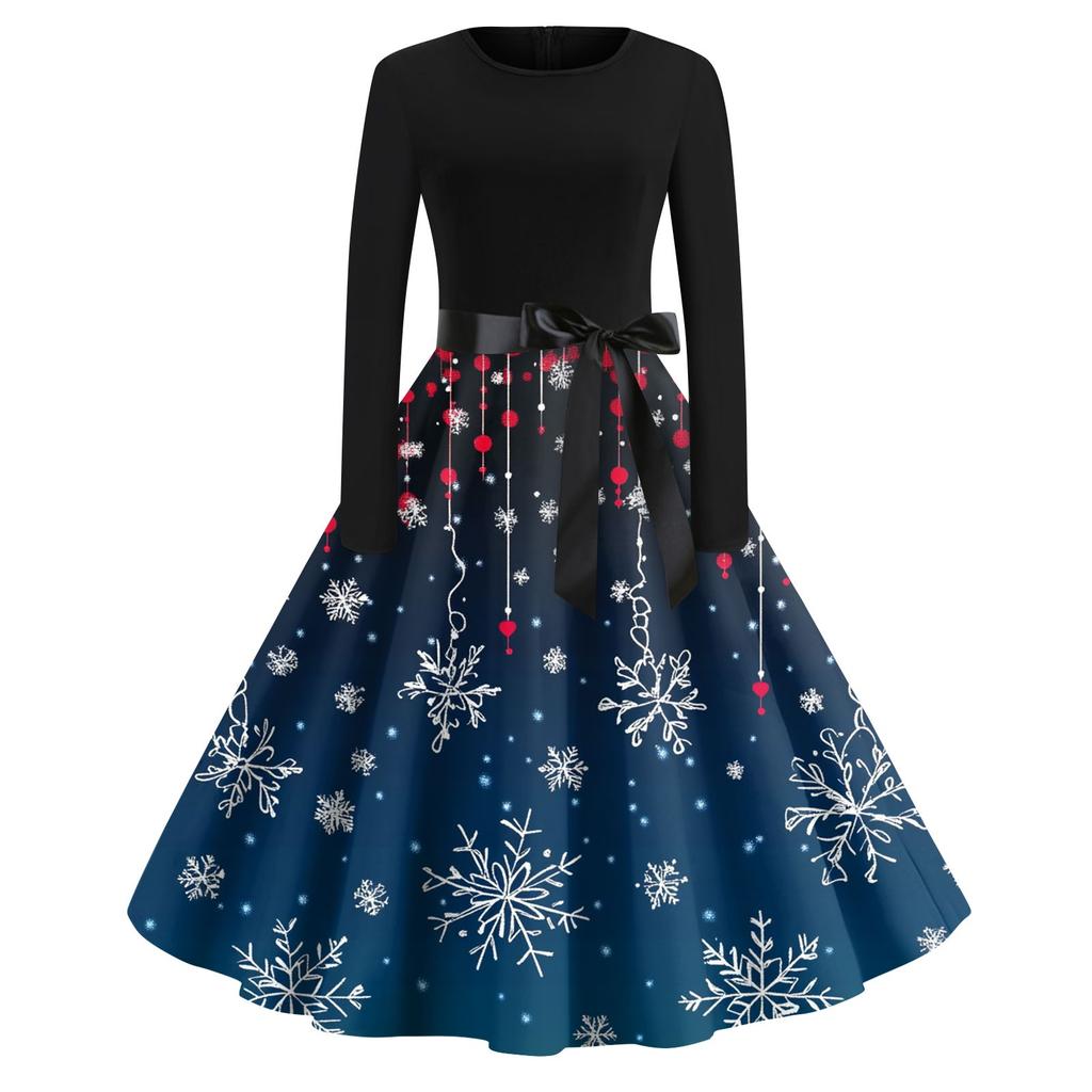 Damenmode Rundhalsausschnitt Lässig Schlank Weihnachten Bedruckte Langarmkleider