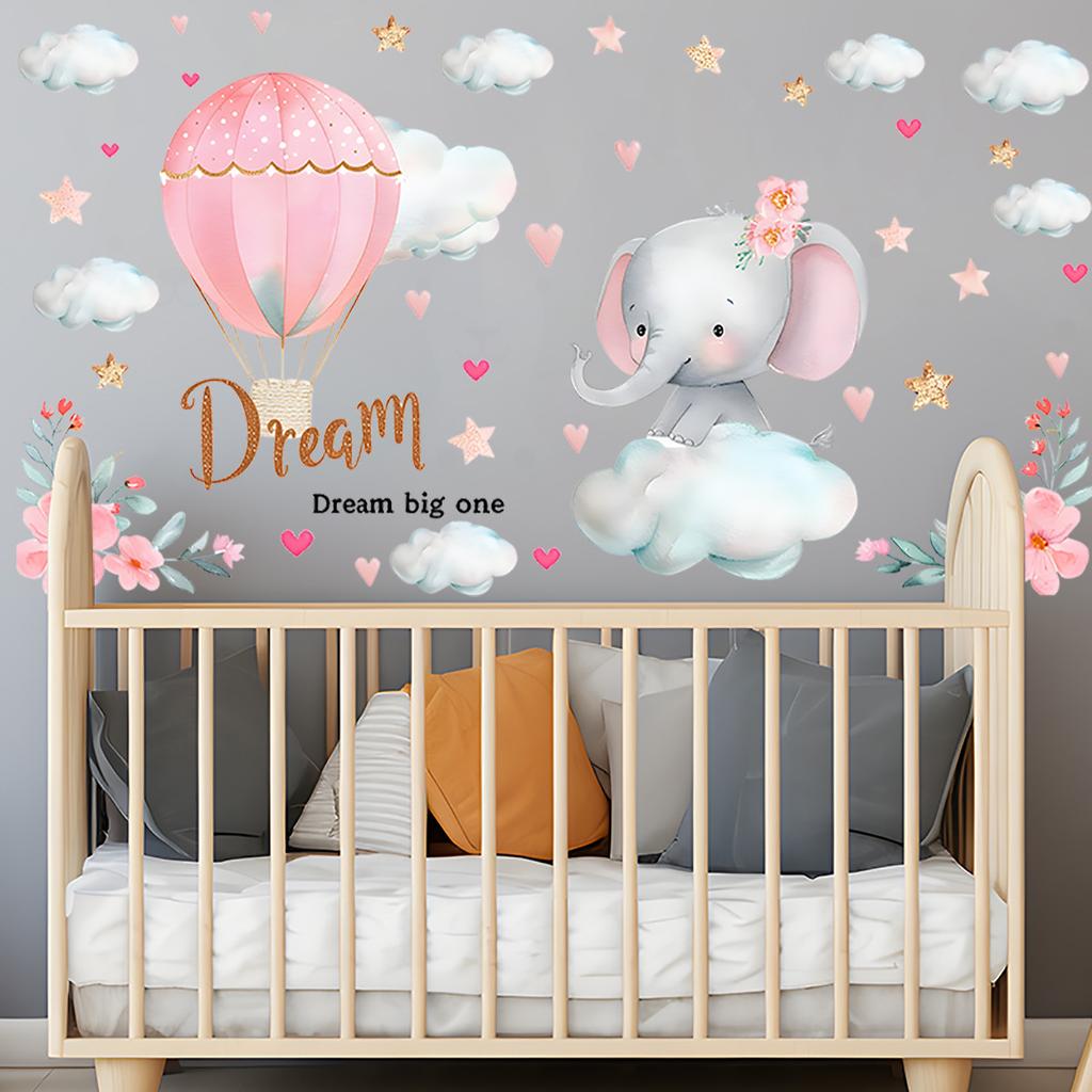 Cute Elephant Hot Air Balloon Clouds Wall Stickers Self-Adhesive for Kids Room Nursery Kindergarten Home Wall Decor