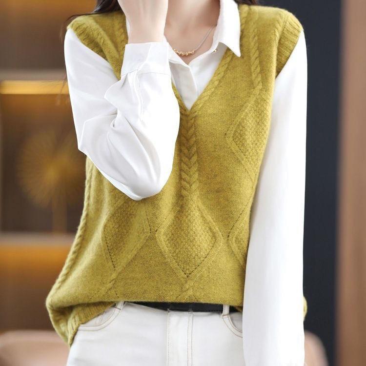 Women's Knitted Sweater Vest Top - V-Neck Hollow-Out Design, Casual Fall/Winter Pullover, Polyester, No Bra Pad, Japanese/Korean Special Collection