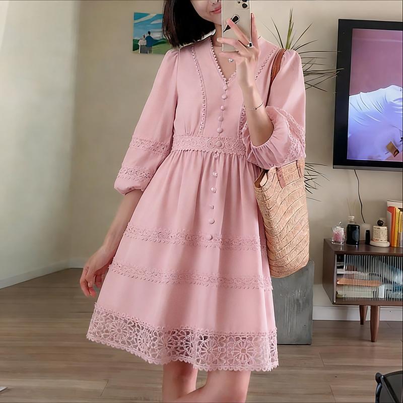 

ZANZEA Women Casual V-Neck Lace Patchwork Holiday Loose 3/4 Sleeve Dress 2XL рожевий