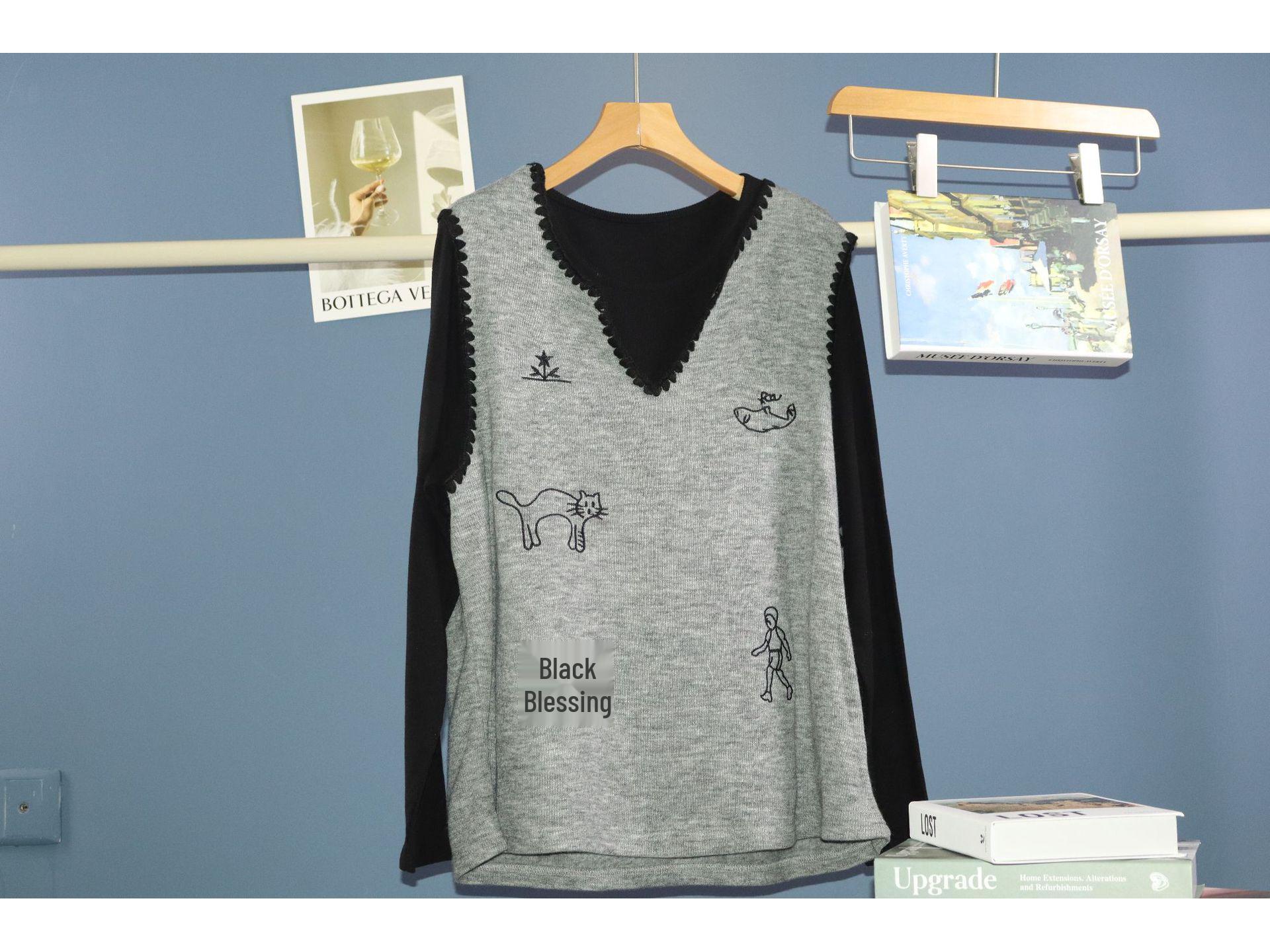 

Early Spring Korean Style Cartoon Two-Piece: Slimming Vest & Long Sleeve Plus Size Women s T-shirt Set Plus Size сірий колір