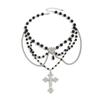 Vintage Gothic Love Cross Pendant Stacked Necklace, Dark Beaded Chain Collarbone Chain