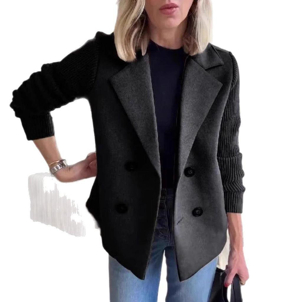 Women's Solid Color Long-sleeved Casual Wool Suit Collar Jacket