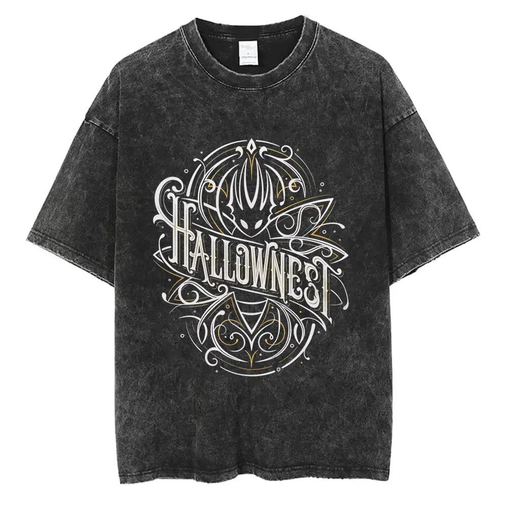 Hollow Knight Vintage Washed Gaming Merch Grafik T-Shirt Unisex Unisex Lässig Oversized Baumwoll-T-Shirt für Cosplay Cartoon-Fans