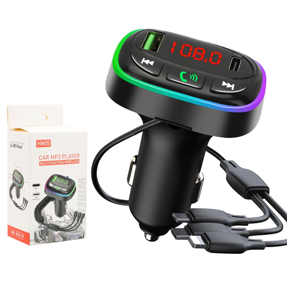 Bluetooth 5.0 Car FM Transmitter Modulator Hands-free Call MP3 Player USB PD Quick Charger 66W With 3in1 Cable for IPhone Huawei