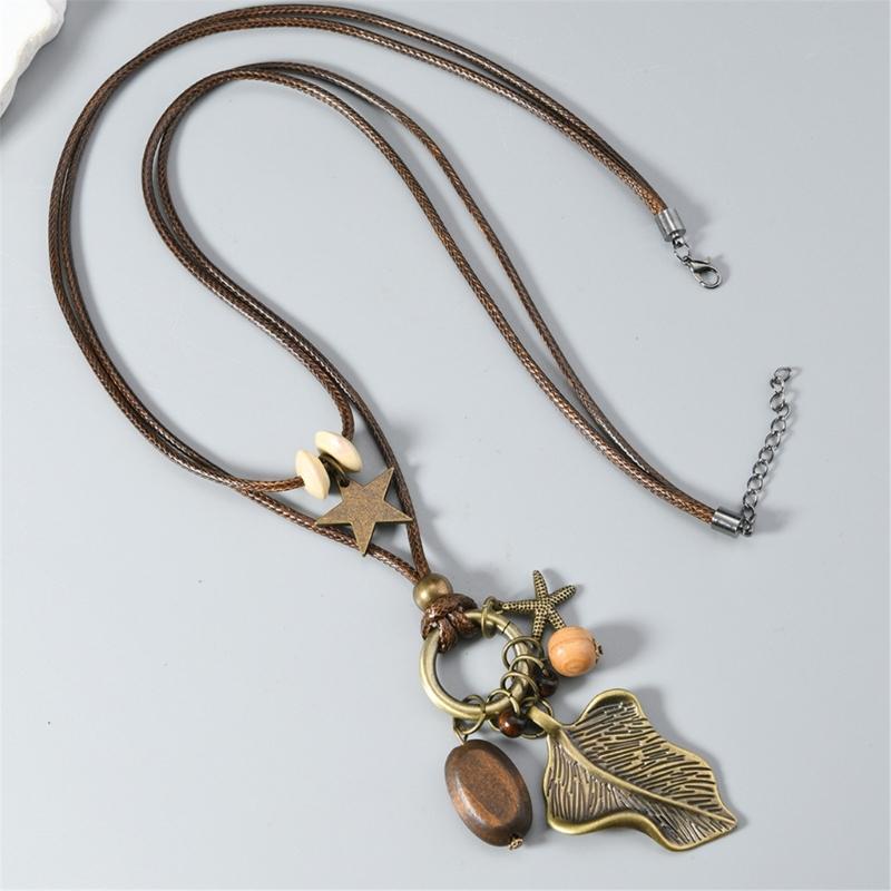 Artisanal Crafted Beaded Leaf Necklace Soft Wax Cord Multi Material Layering Design Versatile Jewelry Gift