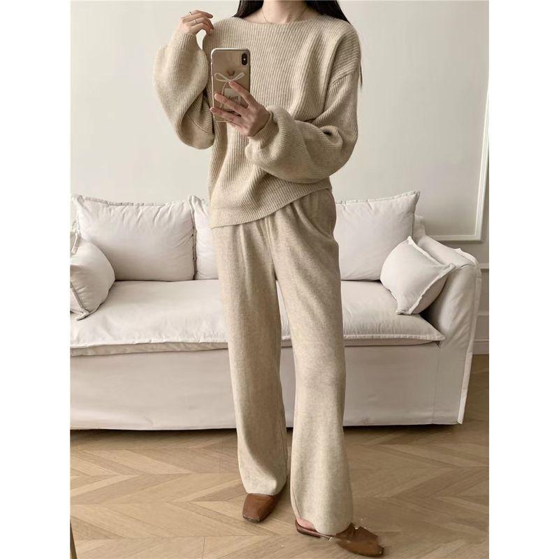 

Fashion Wind Loose Knitting round Neck Sweater Loose Pants Two-Piece Suit Knitted Top and Pants Set Apricot All yards
