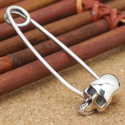 S925 Sterling Silver Vintage Thai Skull Brooch Pendant Sweater Chain