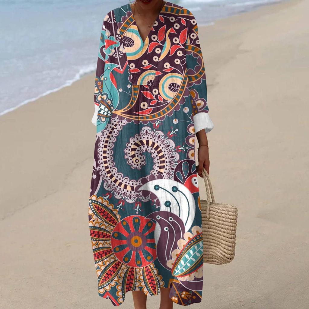 Women's Casual Fashion V-Neck Long Sleeve Floral Print Maxi Dress