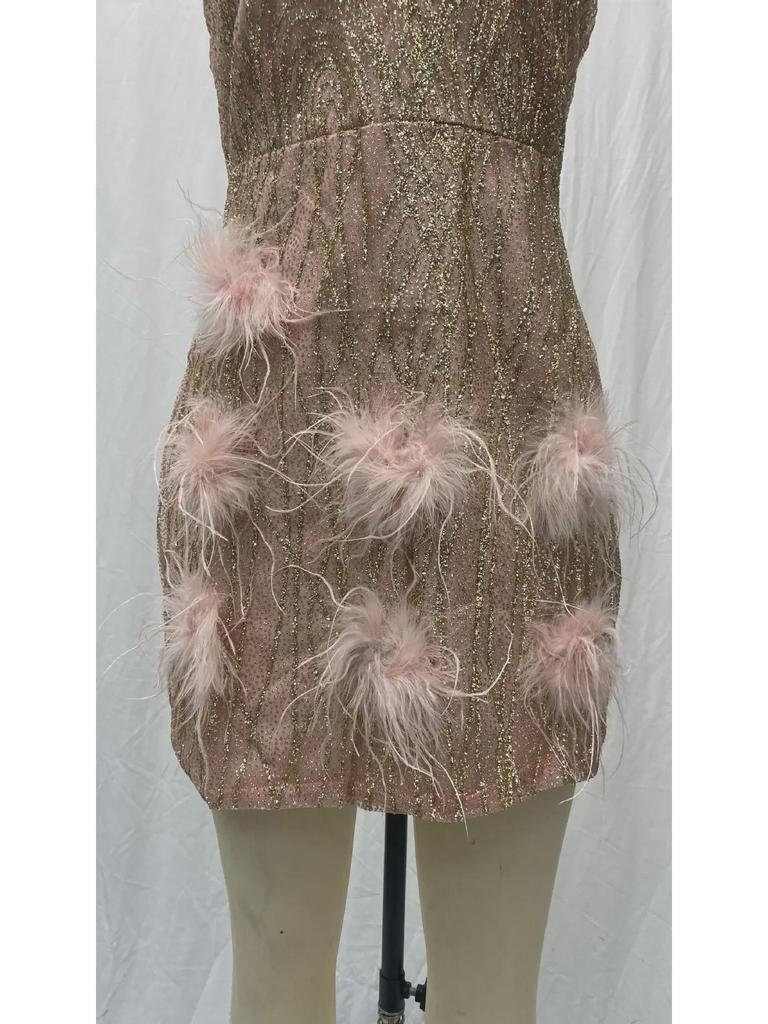 2025 European & American Women's Feather Suspender Dress - Deep V Neck, Sexy Nightclub Party Style