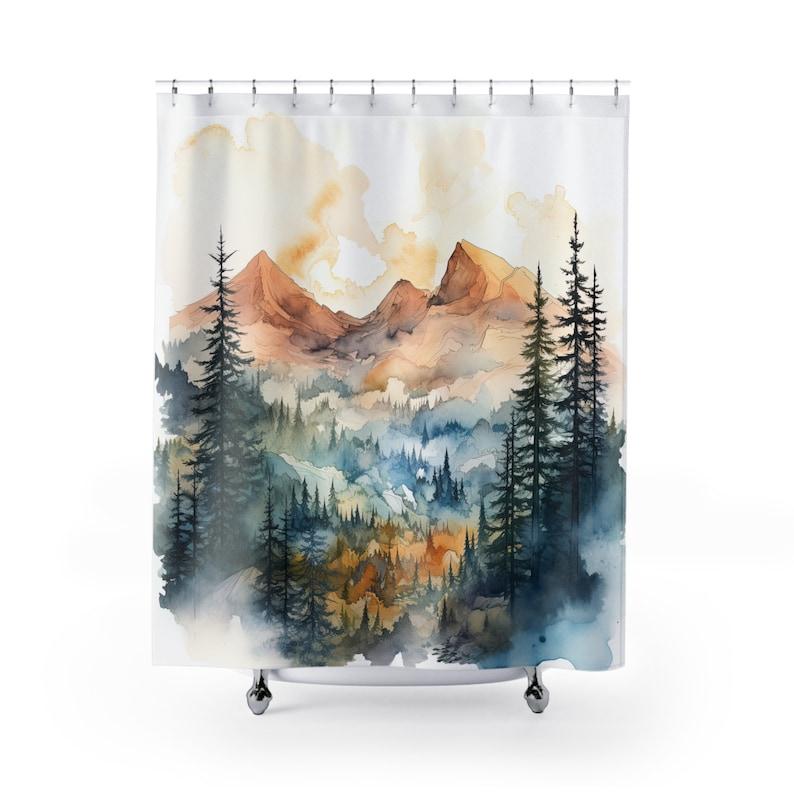 Mountain Shower Curtain - Rustic Nature, Watercolor Aesthetic, Water Resistant, Washable, Serene Bathroom Decor W90XH180cm