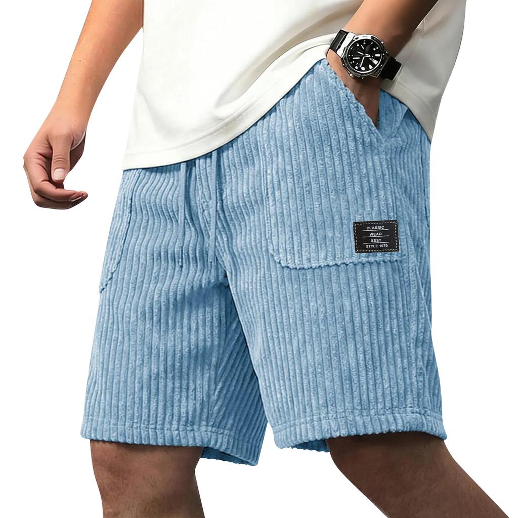Men Corduroy Shorts Casual Loose Fit Elastic Waistband Drawstring Ribbed Texture Patch Pocket Design Summer Wear