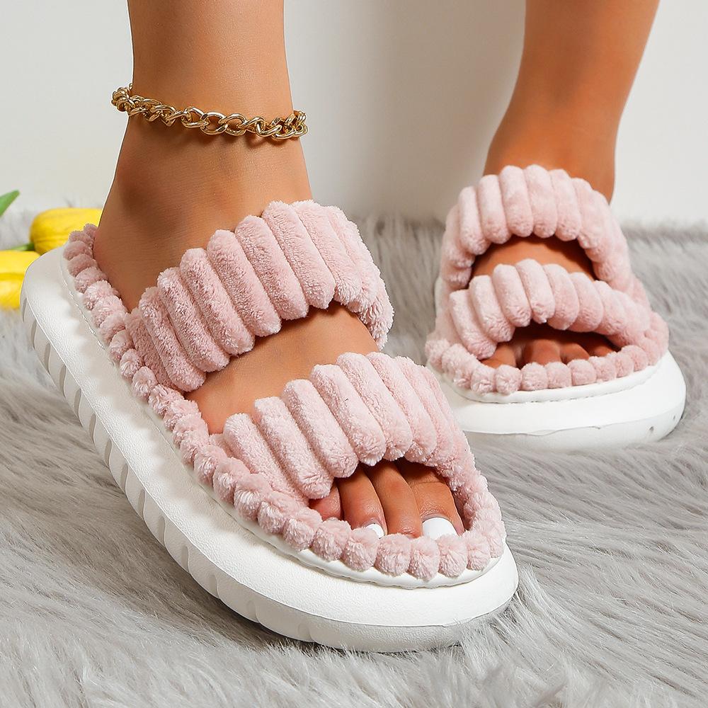Fashion Litfun Corduroy Plush Women's Slippers Platform House Slides EVA Foam Sole Light Indoor Slides Furry Warm Cozy Women's Slippers