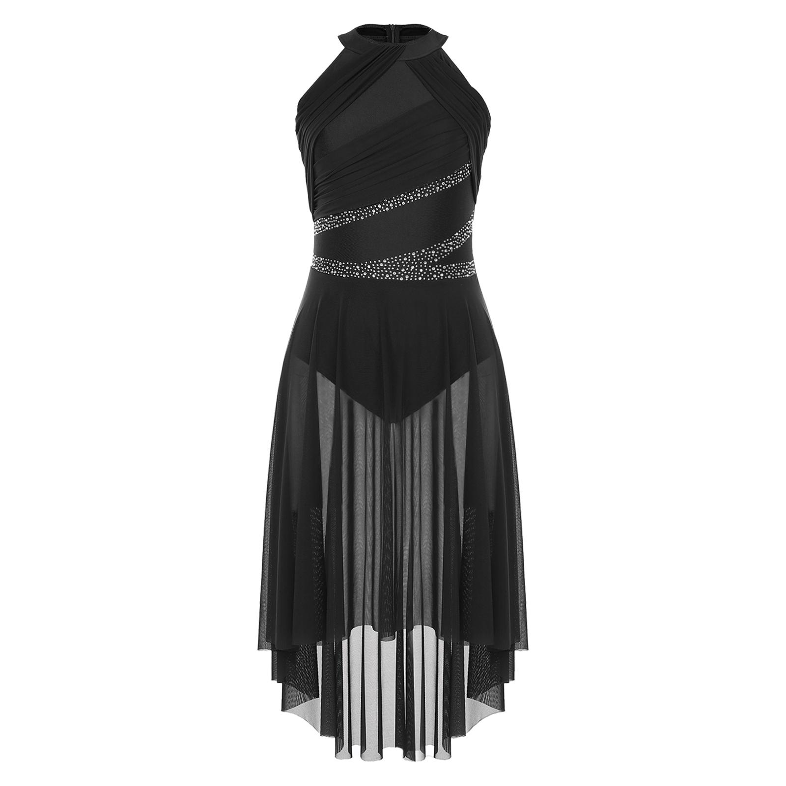 Abito da Danza Lirica da Donna Scintillante con Strass Senza Maniche Ruched Orlo Asimmetrico XXL