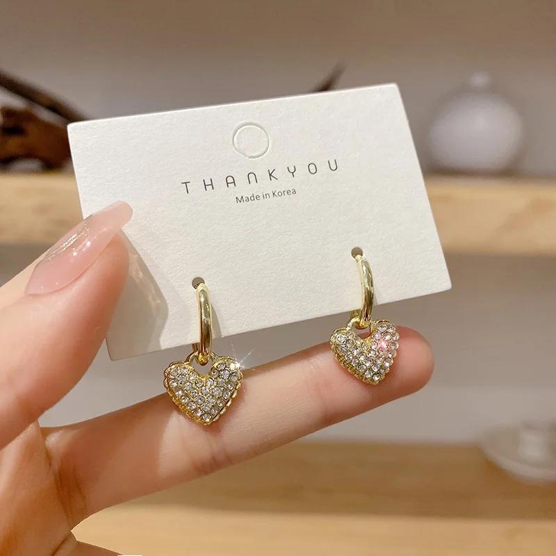 New Exquisite Fashion Zircon Heart Drop Dangle Earrings for Women Temperament Gold Color Crystal Hoop Korean Jewelry Accessories