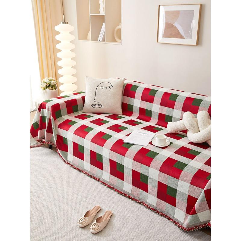 

Красный праздничный чехол для дивана в клетку из синели, чехол для дивана, четырехсезонный чехол для дивана, цельное полное одеяло 180*130cm